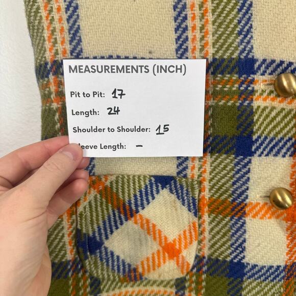Vintage Loubella 19760s 1970s Vest Skirt Set Wool Plaid Golden Buttons XS Orange - Picture 7 of 11